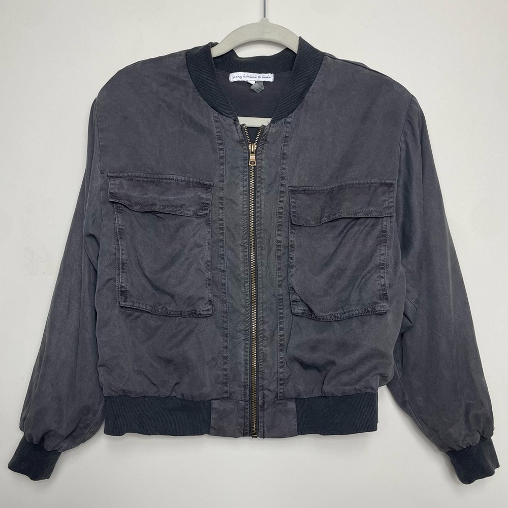 Young Fabulous and Broke cropped soft bomber utility jacket, grey, size XS